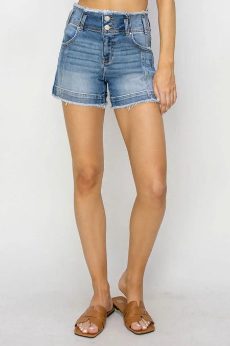 RISEN High Rise Seam Detailed Raw Edge Denim Shorts - Sleekdenim.com