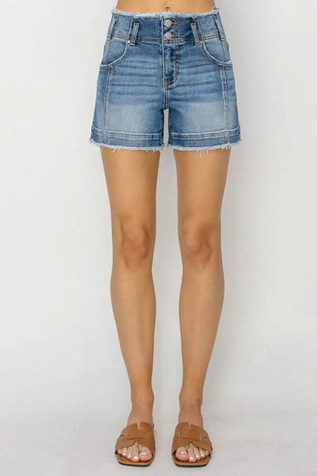 RISEN High Rise Seam Detailed Raw Edge Denim Shorts - Sleekdenim.com