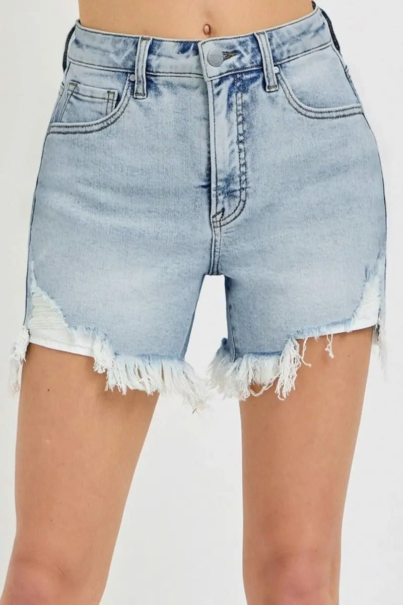 RISEN High Rise Side Step Hem Denim Shorts - Sleekdenim.com