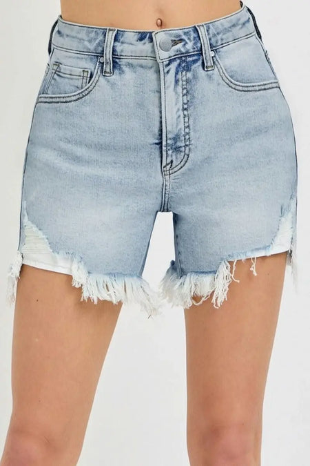 RISEN High Rise Side Step Hem Denim Shorts - Sleekdenim.com