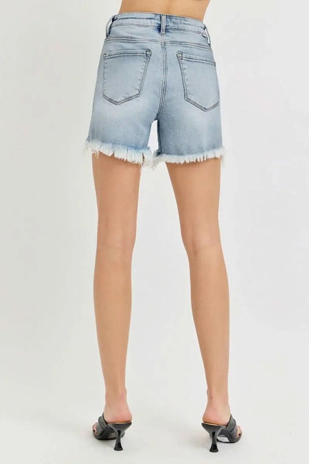 RISEN High Rise Side Step Hem Denim Shorts - Sleekdenim.com