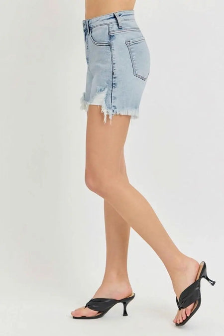 RISEN High Rise Side Step Hem Denim Shorts - Sleekdenim.com