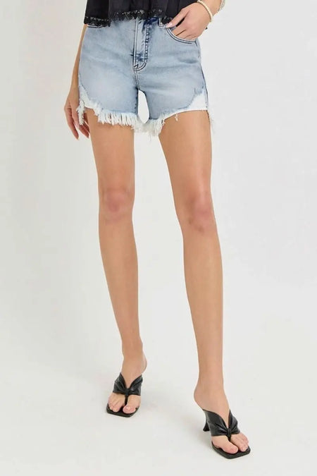 RISEN High Rise Side Step Hem Denim Shorts - Sleekdenim.com