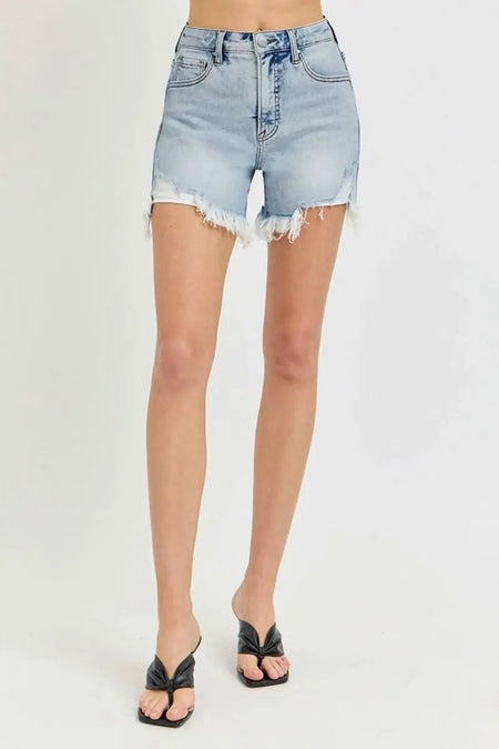 RISEN High Rise Side Step Hem Denim Shorts - Sleekdenim.com