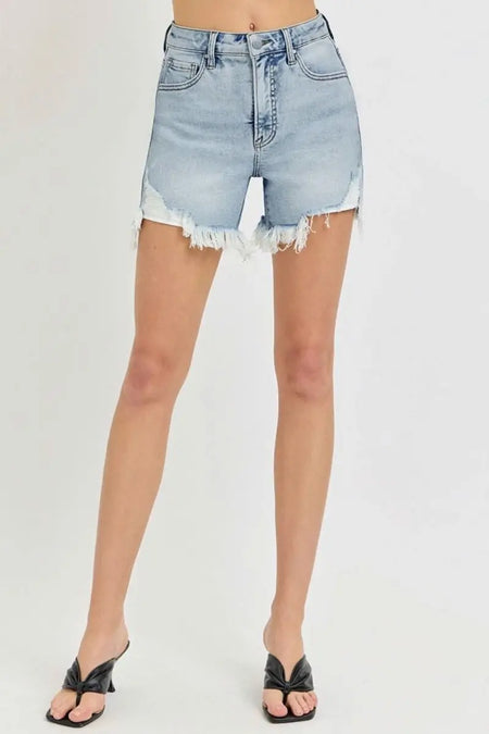 RISEN High Rise Side Step Hem Denim Shorts - Sleekdenim.com