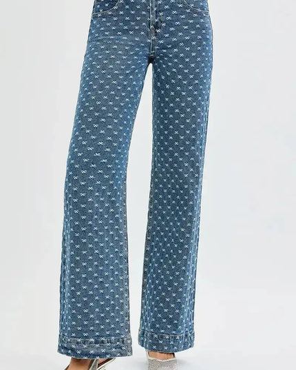 RISEN High Rise Wide Leg Bow Embroidered Jeans - Sleekdenim.com