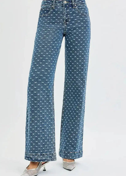 RISEN High Rise Wide Leg Bow Embroidered Jeans - Sleekdenim.com