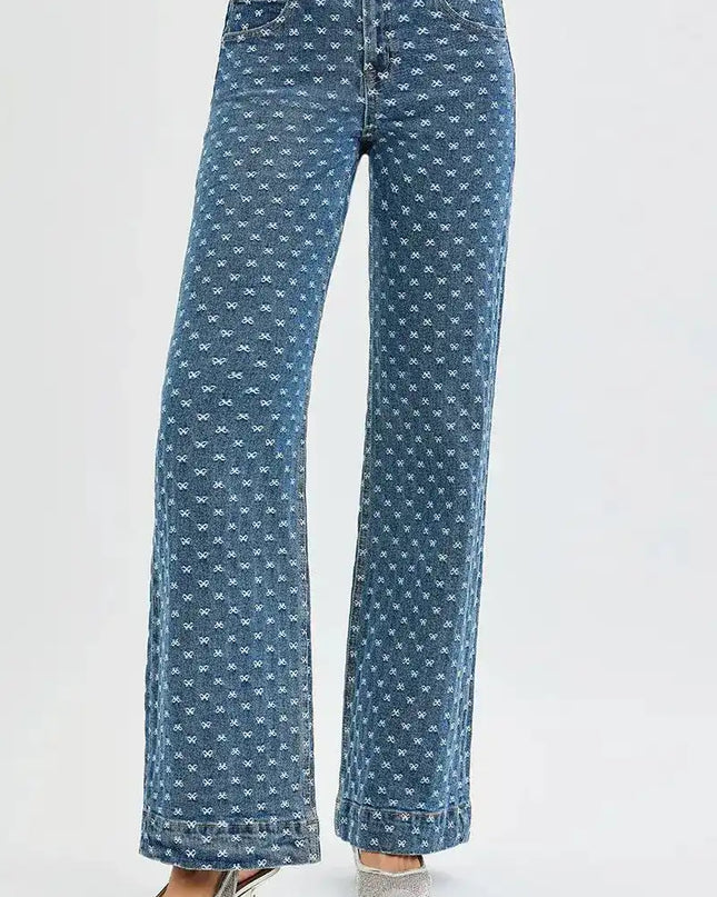 RISEN High Rise Wide Leg Bow Embroidered Jeans - Sleekdenim.com