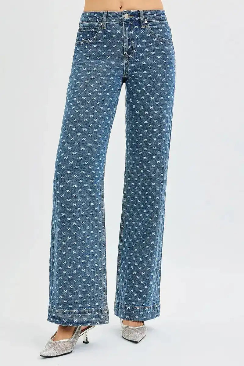 RISEN High Rise Wide Leg Bow Embroidered Jeans - Sleekdenim.com