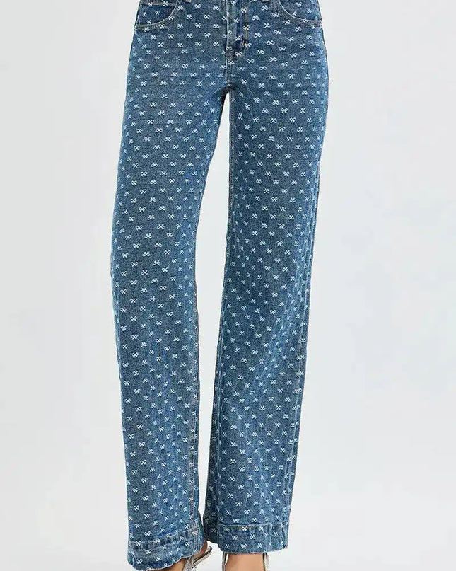 RISEN High Rise Wide Leg Bow Embroidered Jeans - Sleekdenim.com