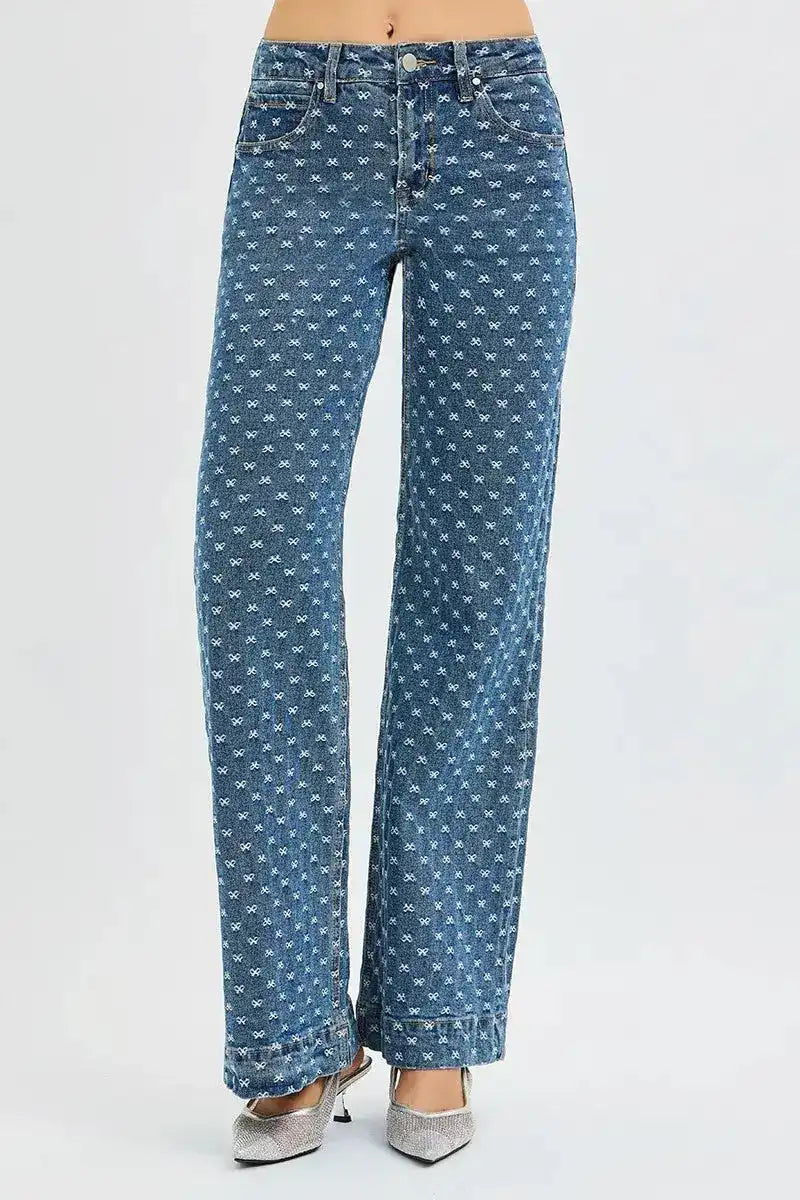 RISEN High Rise Wide Leg Bow Embroidered Jeans - Sleekdenim.com