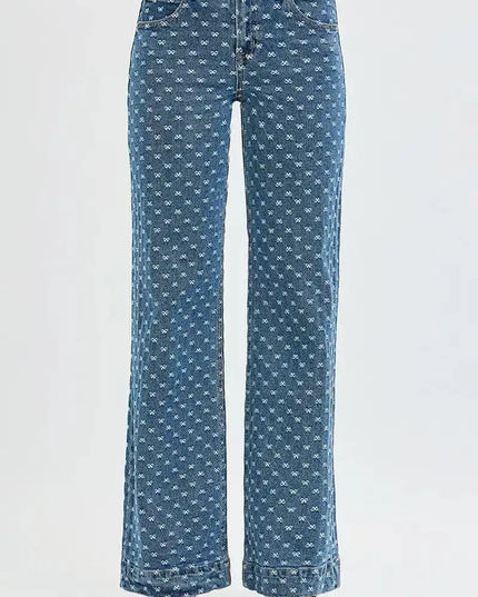 RISEN High Rise Wide Leg Bow Embroidered Jeans - Sleekdenim.com