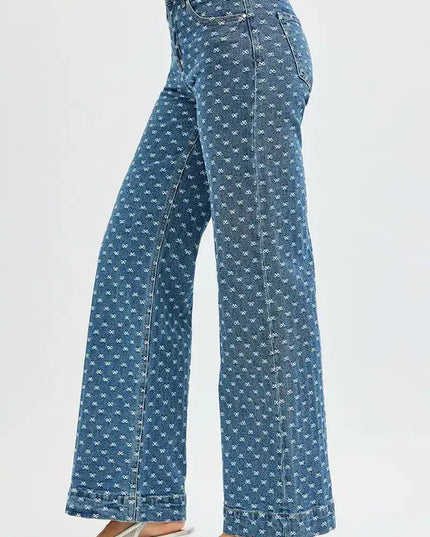 RISEN High Rise Wide Leg Bow Embroidered Jeans - Sleekdenim.com