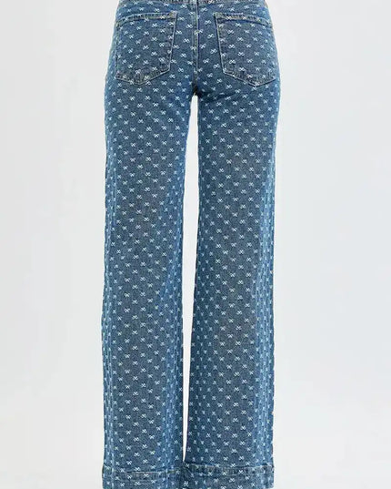 RISEN High Rise Wide Leg Bow Embroidered Jeans - Sleekdenim.com
