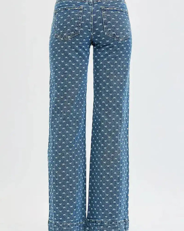 RISEN High Rise Wide Leg Bow Embroidered Jeans - Sleekdenim.com