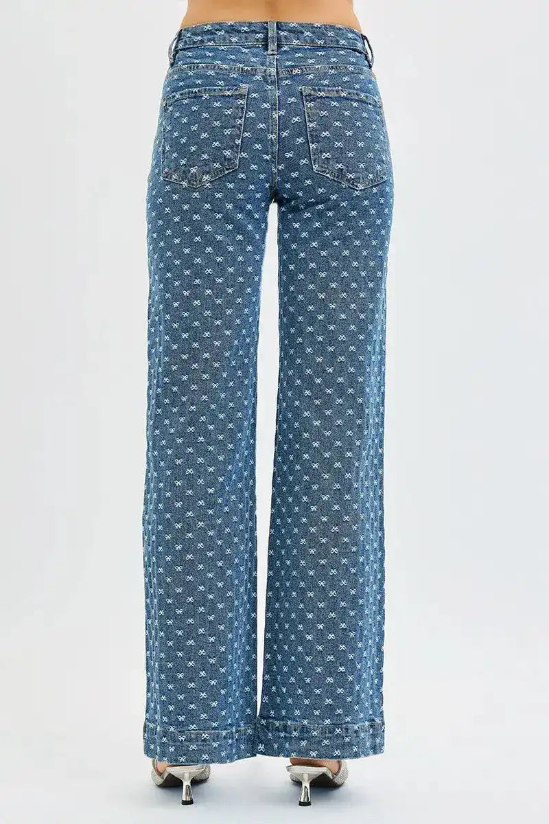 RISEN High Rise Wide Leg Bow Embroidered Jeans