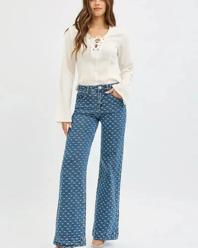 RISEN High Rise Wide Leg Bow Embroidered Jeans - Sleekdenim.com