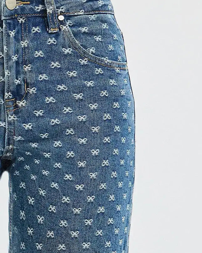 RISEN High Rise Wide Leg Bow Embroidered Jeans - Sleekdenim.com