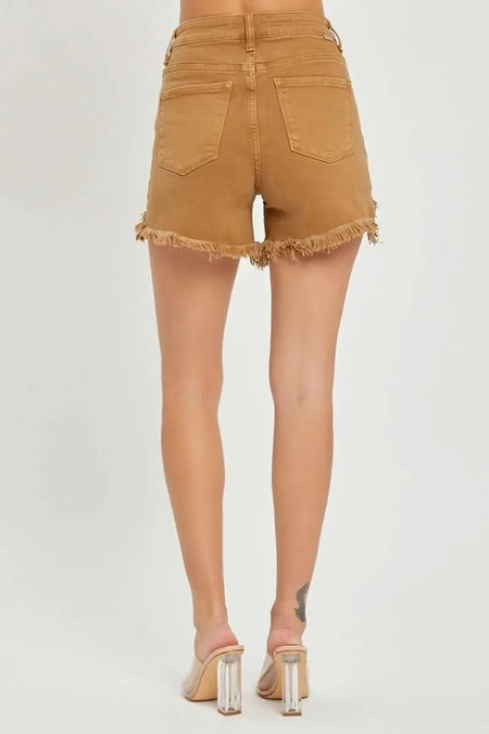 RISEN High Waist Frayed Hem Denim Shorts - Sleekdenim.com