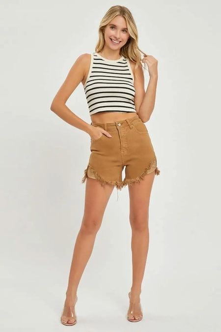 RISEN High Waist Frayed Hem Denim Shorts - Sleekdenim.com