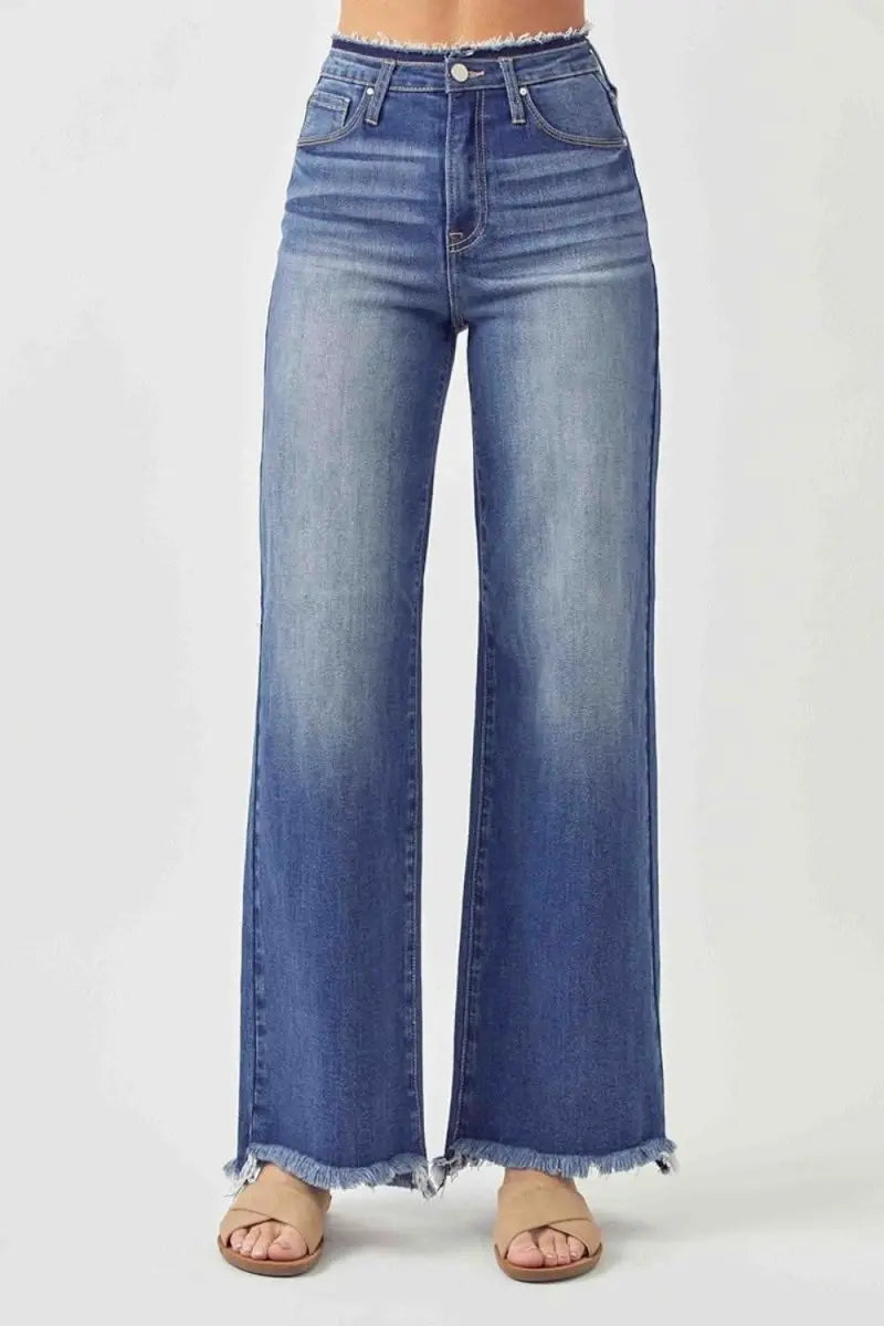 RISEN High Waist Raw Hem Wide Leg Jeans - Sleekdenim.com