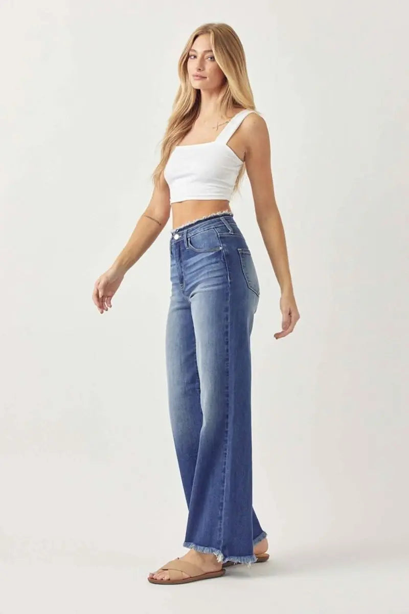 RISEN High Waist Raw Hem Wide Leg Jeans - Sleekdenim.com