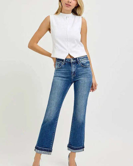 RISEN Mid Rise Ankle Straight Cuffed Jeans - Sleekdenim.com