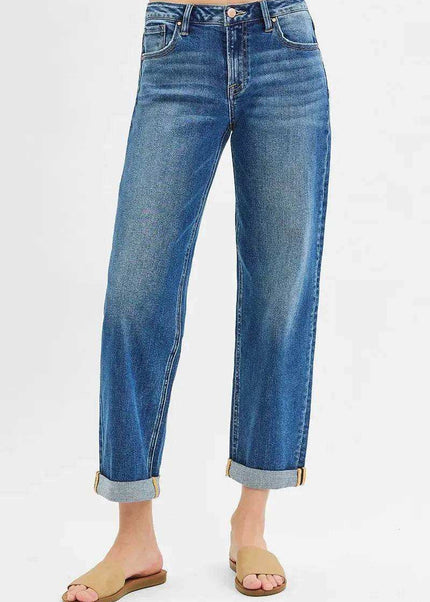 RISEN Mid Rise Boyfriend Roll Up Jeans - Sleekdenim.com