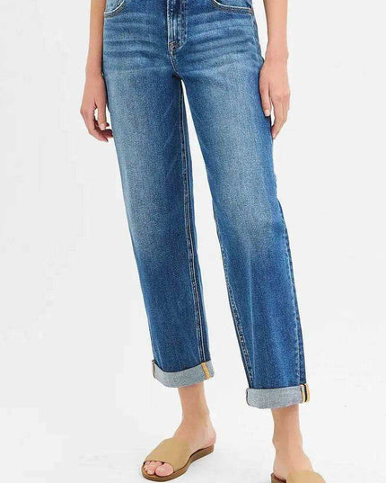 RISEN Mid Rise Boyfriend Roll Up Jeans - Sleekdenim.com