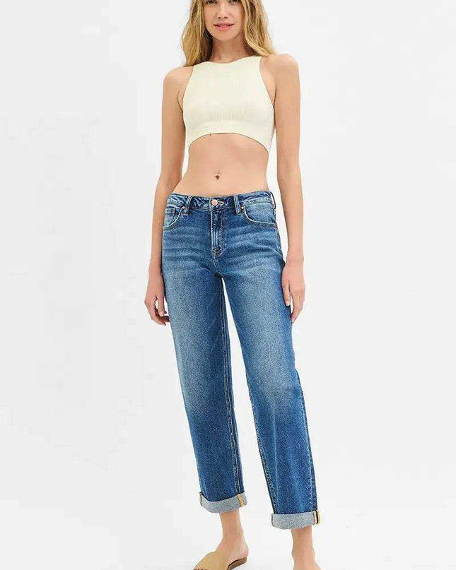 RISEN Mid Rise Boyfriend Roll Up Jeans - Sleekdenim.com