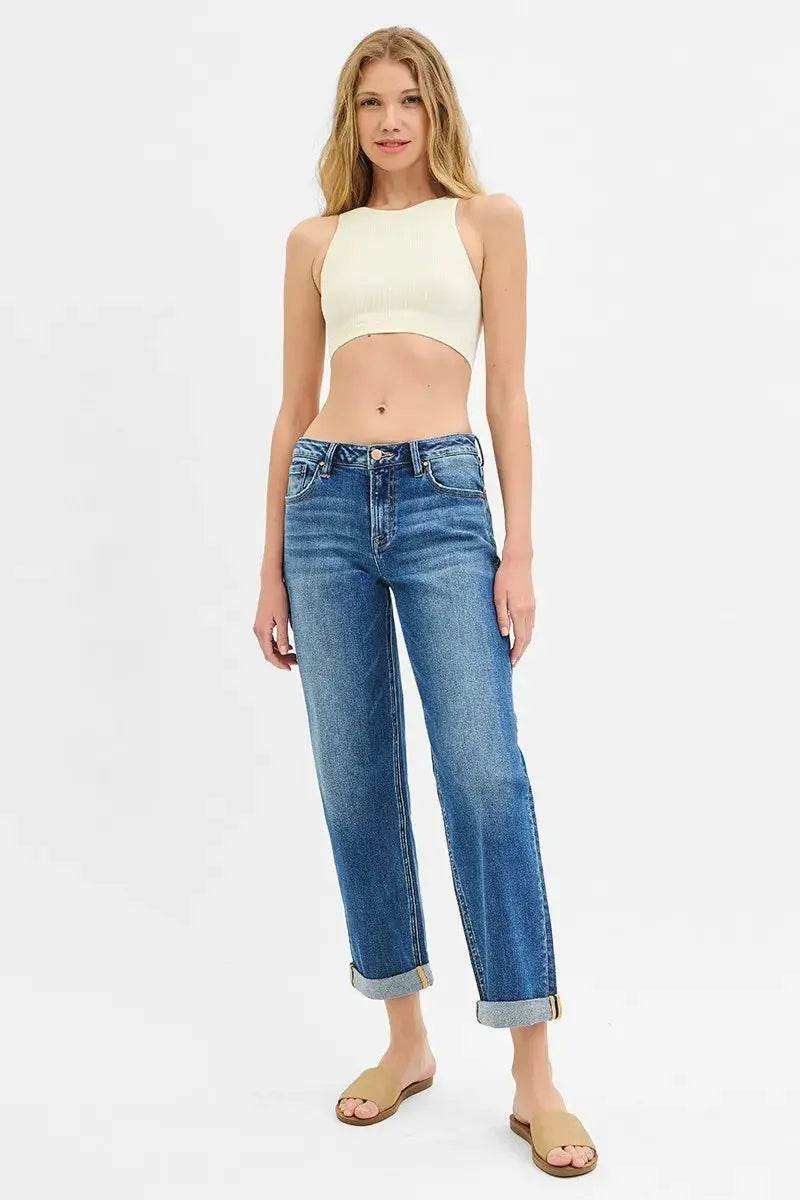 RISEN Mid Rise Boyfriend Roll Up Jeans PG21211 - Sleekdenim.com