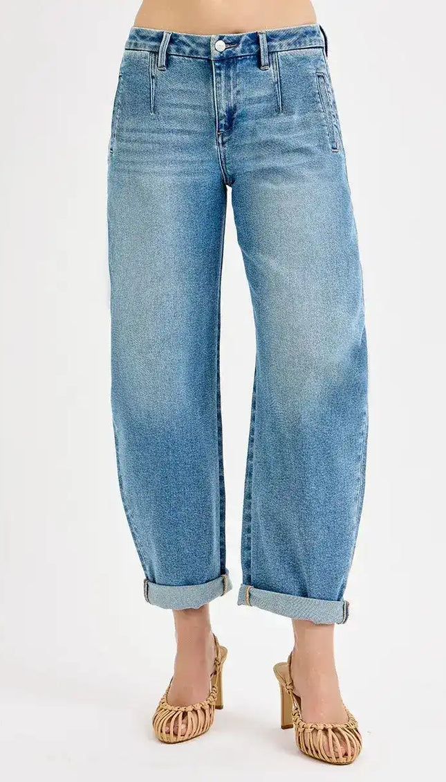 RISEN Mid Rise Slouchy Barrel Roll Up Jeans PGC21224 - Sleekdenim.com
