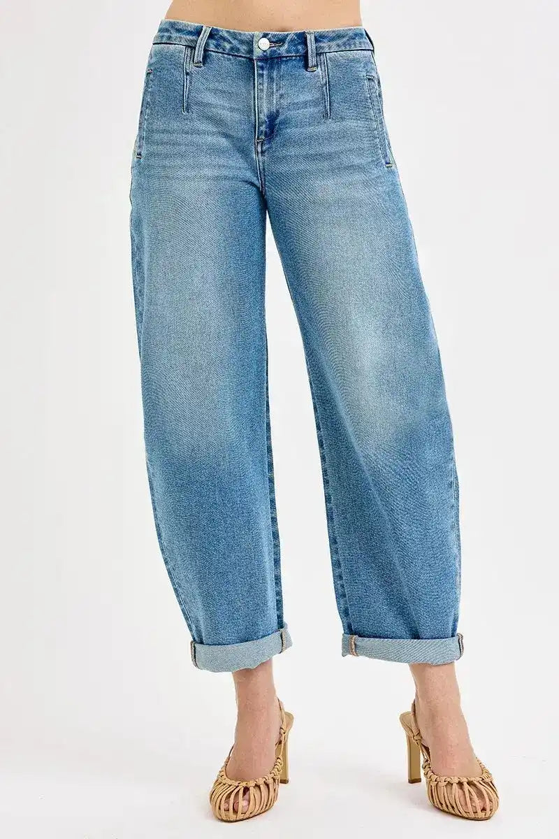 RISEN Mid Rise Slouchy Barrel Roll Up Jeans PGC21224 - Sleekdenim.com