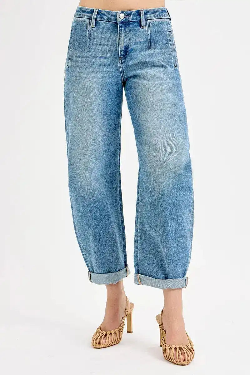 RISEN Mid Rise Slouchy Barrel Roll Up Jeans PGC21224 - Sleekdenim.com