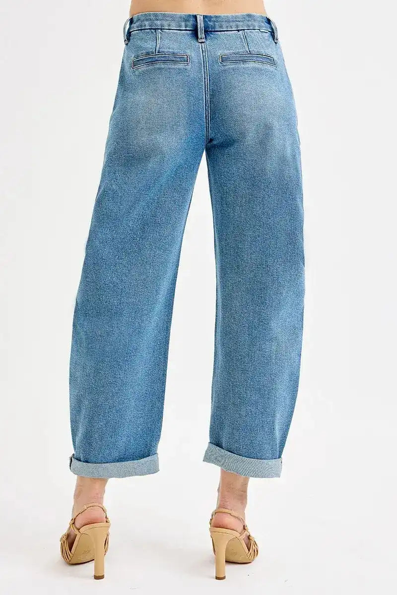 RISEN Mid Rise Slouchy Barrel Roll Up Jeans PGC21224 - Sleekdenim.com