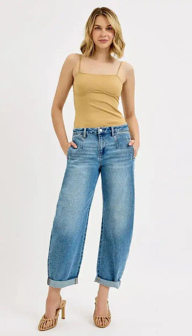RISEN Mid Rise Slouchy Barrel Roll Up Jeans PGC21224 - Sleekdenim.com