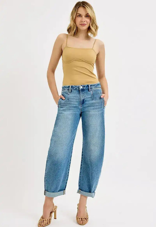 RISEN Mid Rise Slouchy Barrel Roll Up Jeans PGC21224 - Sleekdenim.com