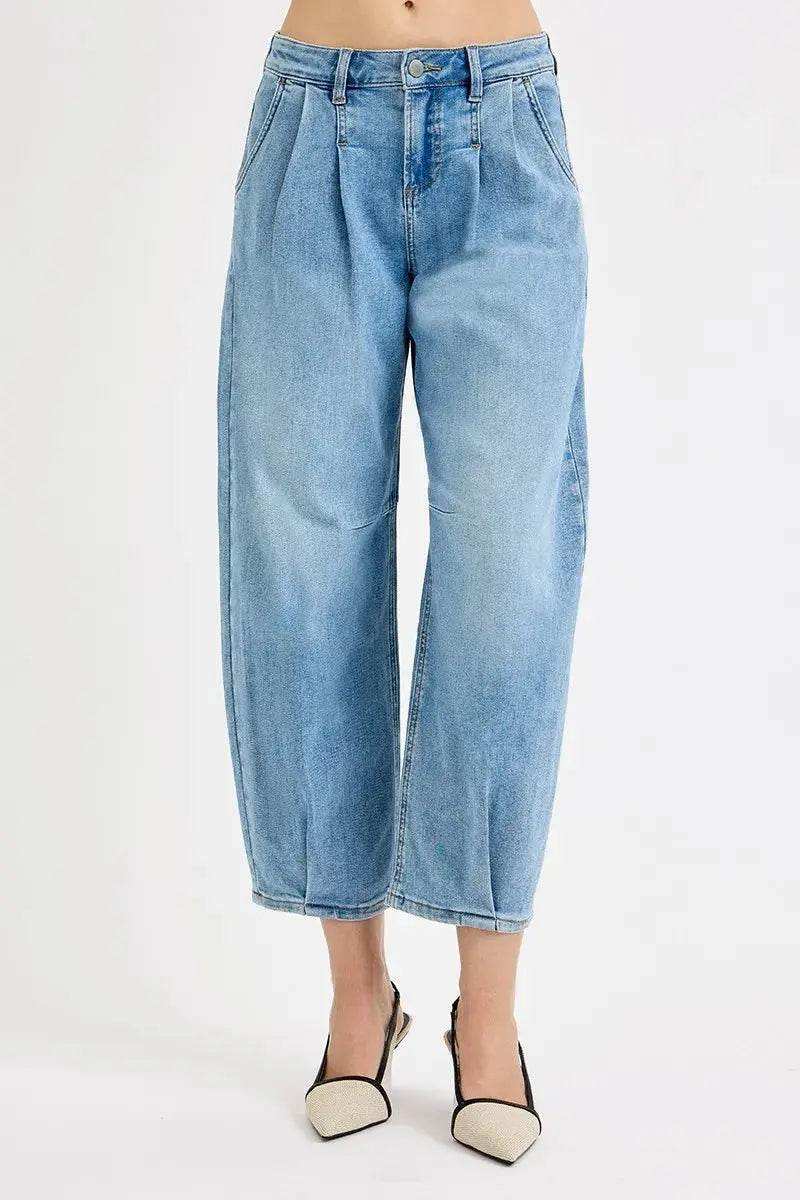 Risen Mid Rise Crop Barrel Leg Jeans PGC21252 in Medium Wash