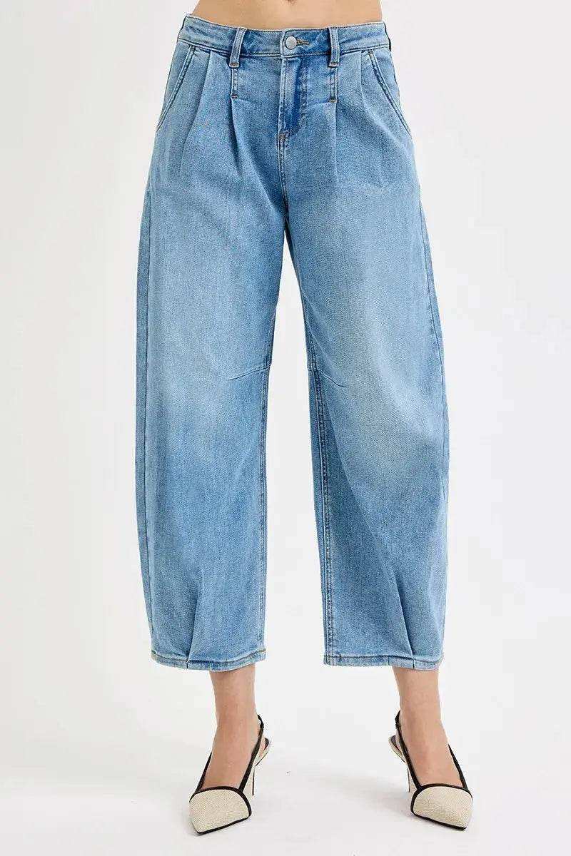 Risen Mid Rise Crop Barrel Leg Jeans PGC21252 in Medium Wash