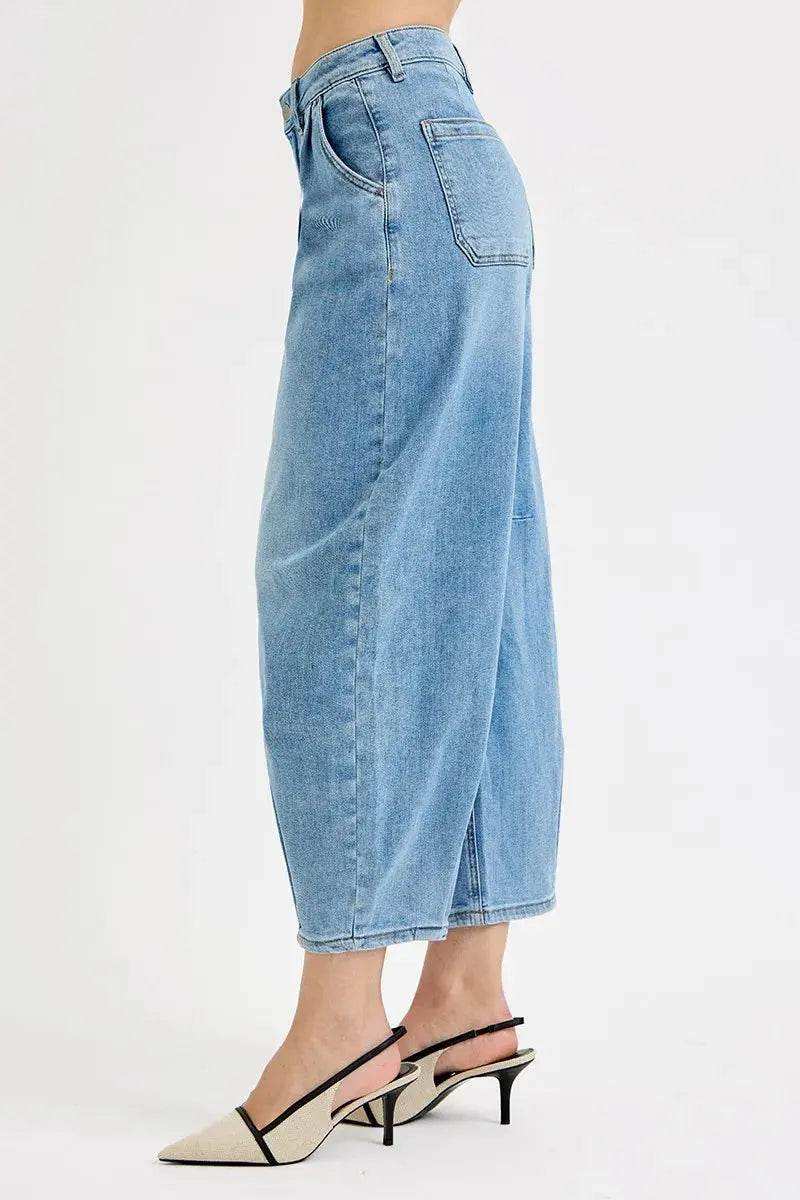 Risen Mid Rise Crop Barrel Leg Jeans PGC21252 in Medium Wash