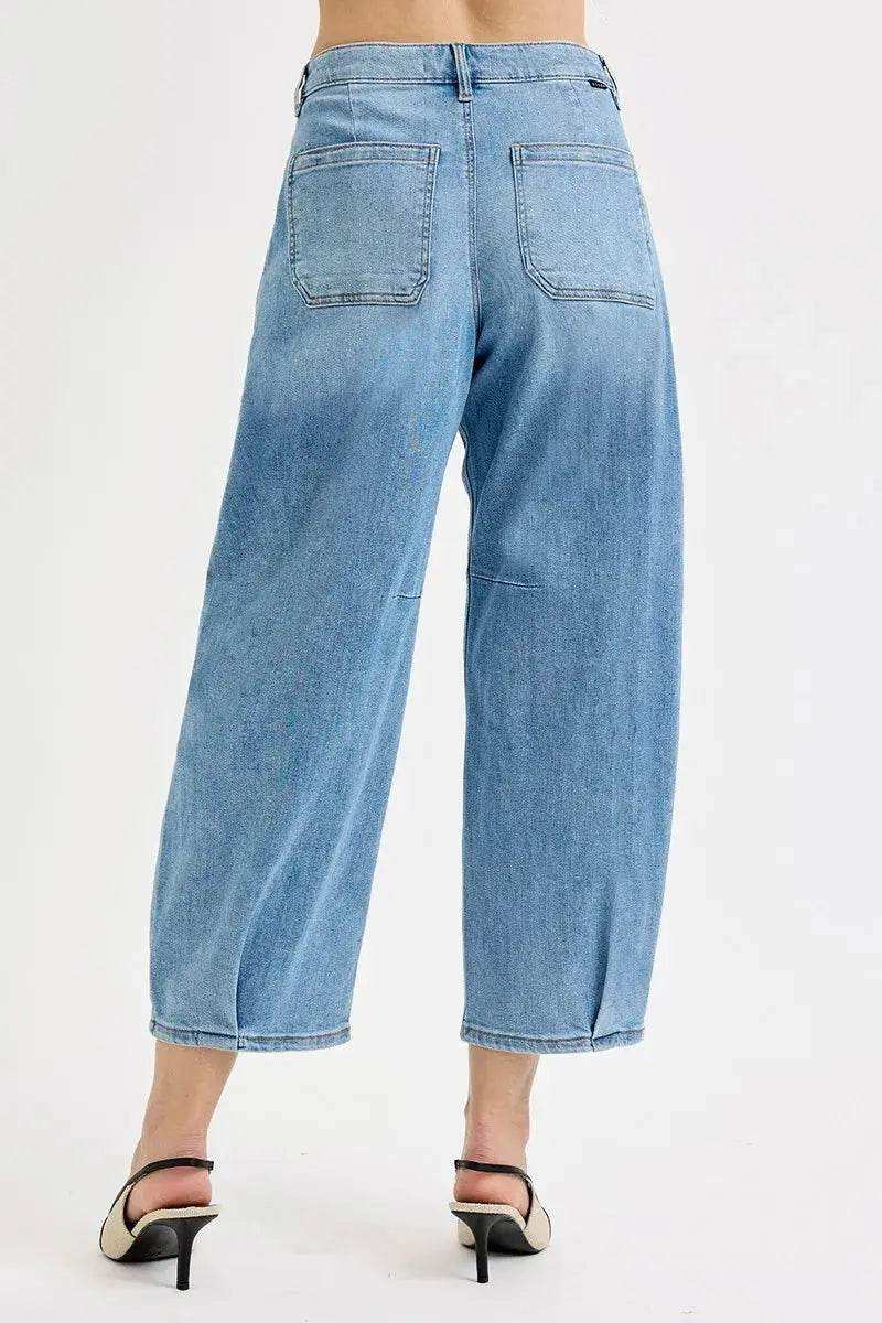 Risen Mid Rise Crop Barrel Leg Jeans PGC21252 in Medium Wash