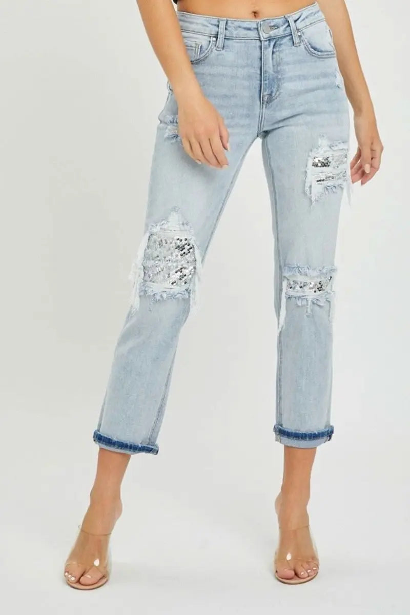 RISEN Mid - Rise Sequin Patched Jeans - Sleekdenim.com