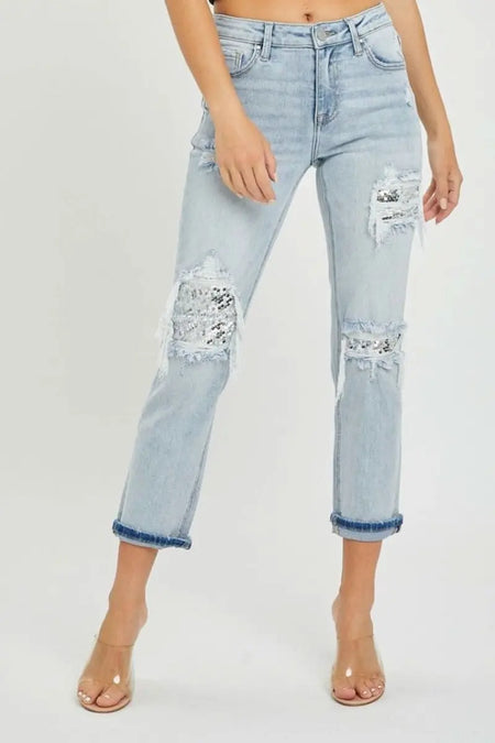 RISEN Mid - Rise Sequin Patched Jeans - Sleekdenim.com