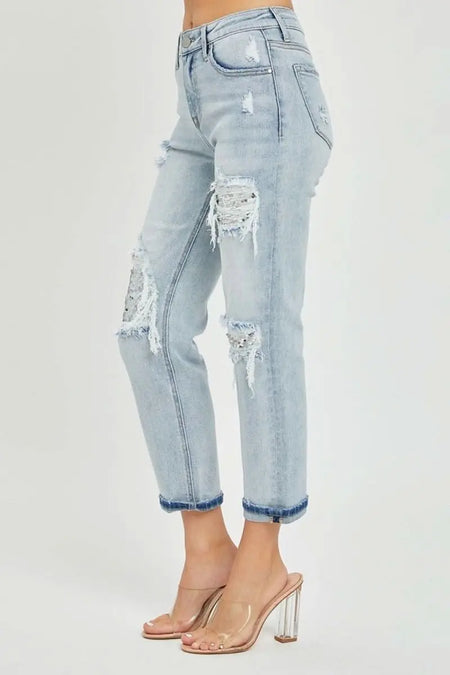 RISEN Mid - Rise Sequin Patched Jeans - Sleekdenim.com