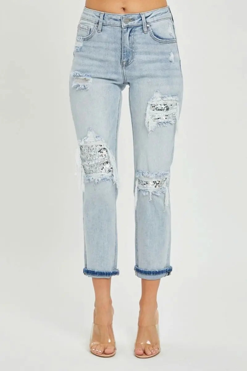 RISEN Mid - Rise Sequin Patched Jeans - Sleekdenim.com