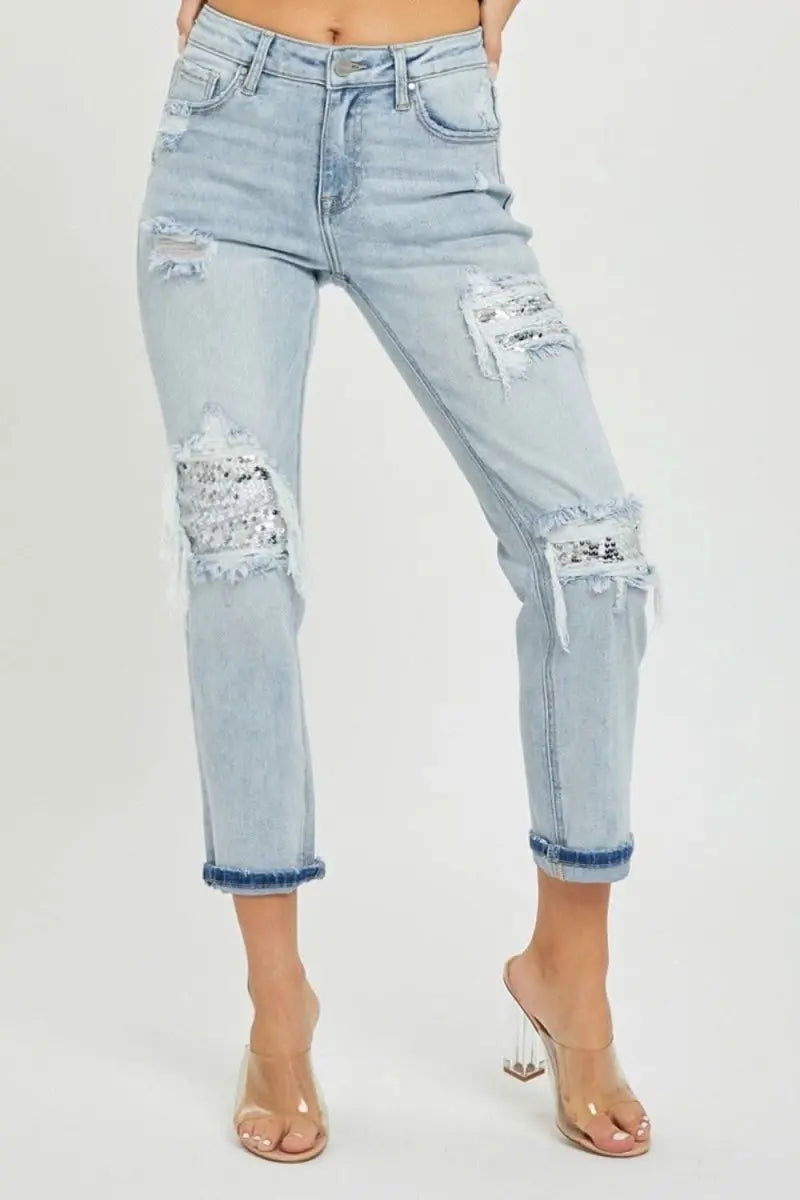 RISEN Mid - Rise Sequin Patched Jeans - Sleekdenim.com