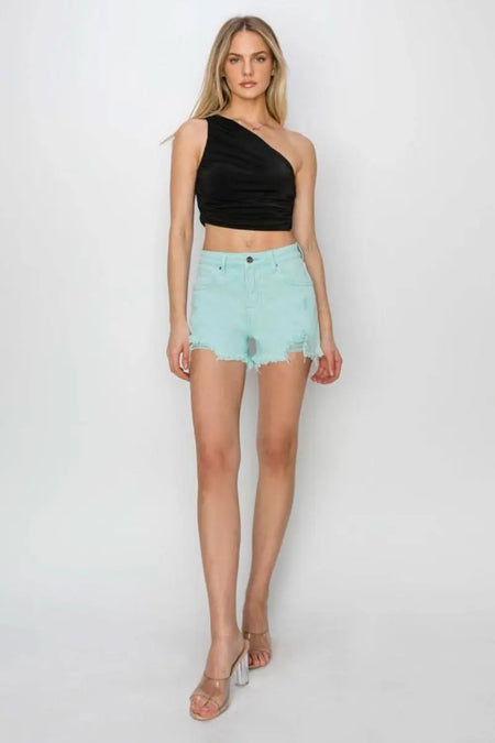 RISEN Mid Waist Frayed Hem Denim Shorts - Sleekdenim.com