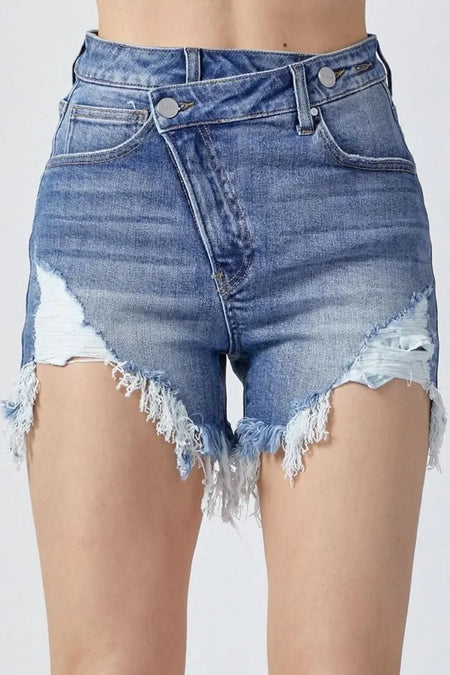 RISEN Raw Hem Asymmetrical Waist Denim Shorts - Sleekdenim.com