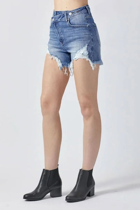 RISEN Raw Hem Asymmetrical Waist Denim Shorts - Sleekdenim.com