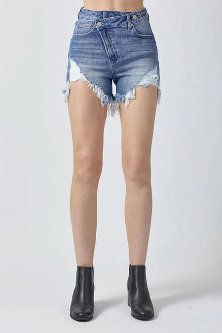 RISEN Raw Hem Asymmetrical Waist Denim Shorts - Sleekdenim.com